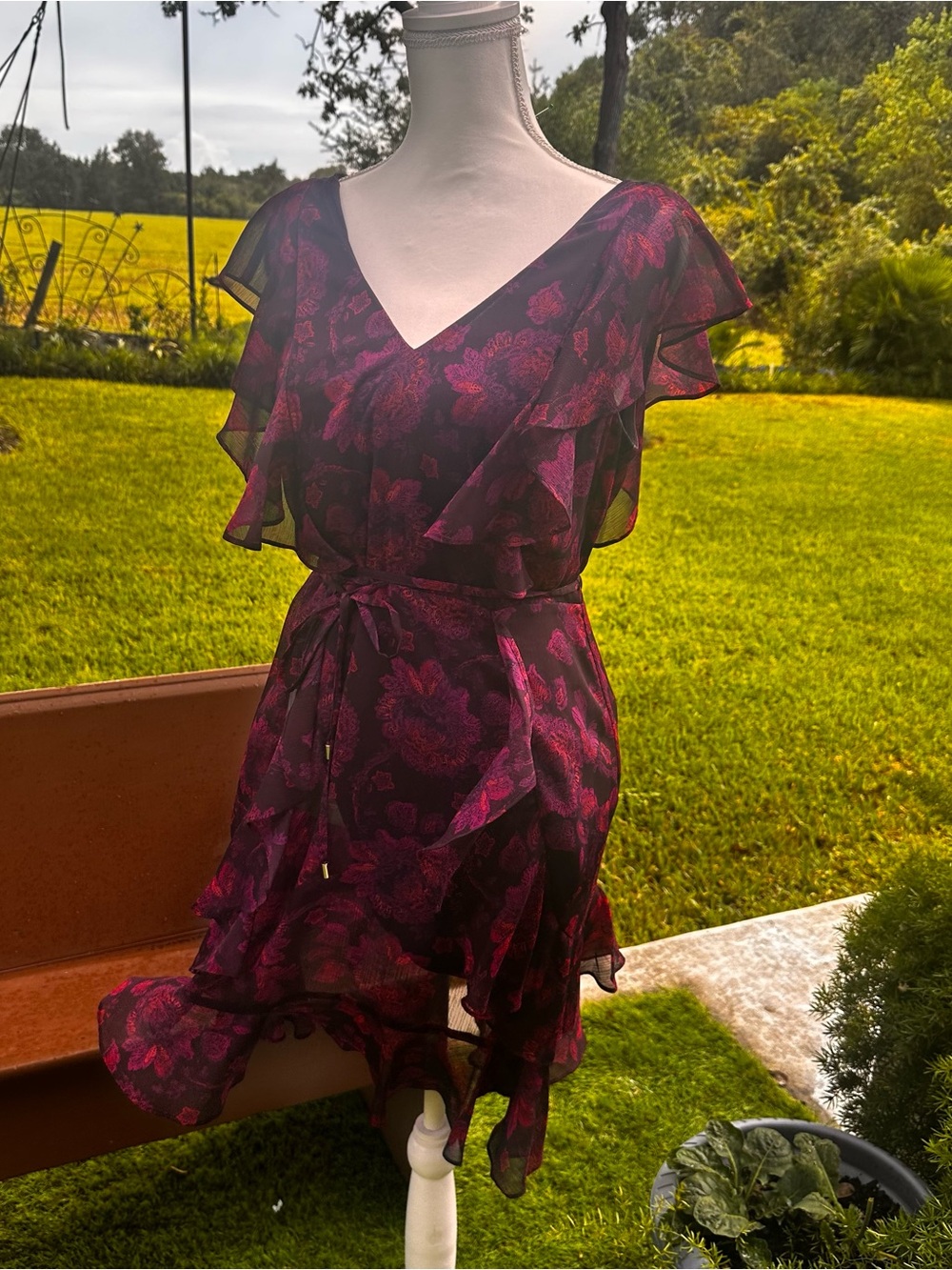 Tommy Hilfiger Plum Floral Ruffle V-Neck Mini Dress